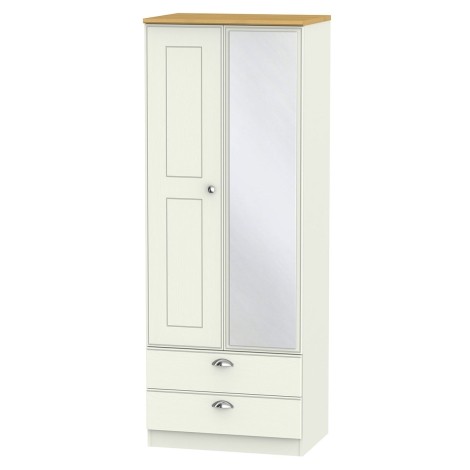 Victoria - Cream Ash with Riviera Oak Top 2 Door 2 Drawer Tall Mirrored Wardrobe