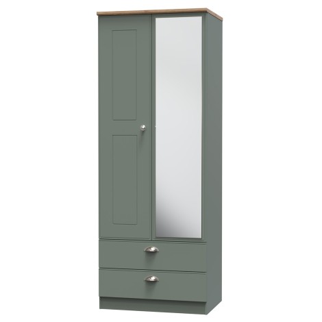 Victoria - Reed Green with Riviera Oak Top 2 Door 2 Drawer Tall Mirrored Wardrobe