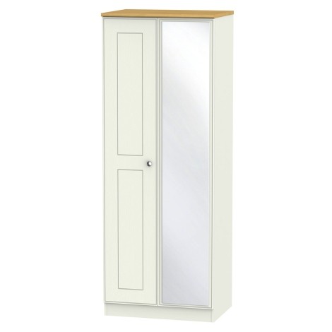 Victoria - Cream Ash with Riviera Oak Top 2 Door Double Tall Mirror Wardrobe