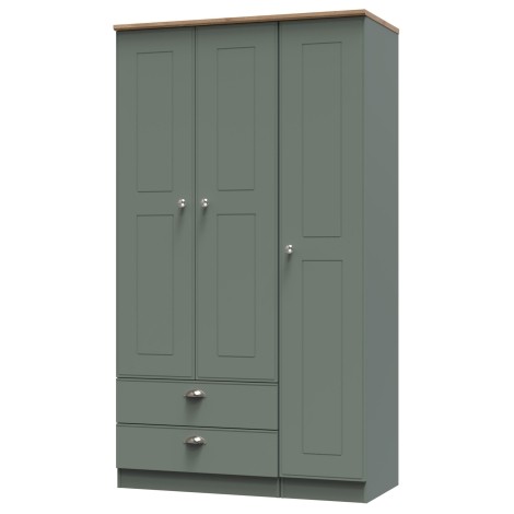 Victoria - Reed Green with Riviera Oak Top 3 Door 2 Drawer Triple Plain Wardrobe