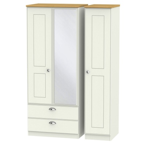 Victoria - Cream Ash with Riviera Oak Top 3 Door 2 Drawer Triple Mirror Wardrobe