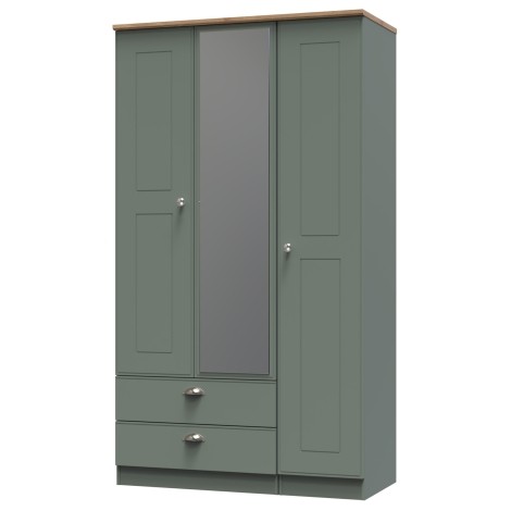 Victoria - Reed Green with Riviera Oak Top 3 Door 2 Drawer Triple Mirror Wardrobe
