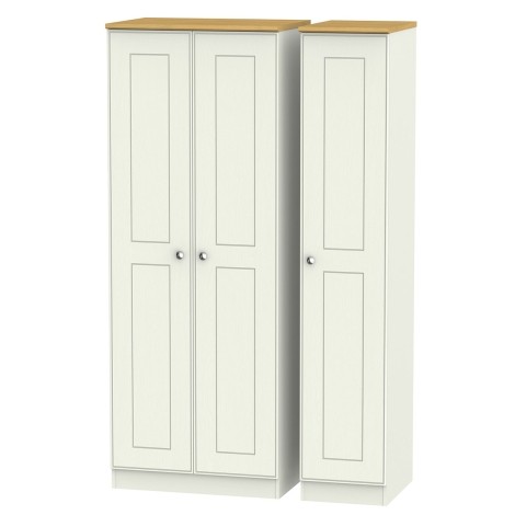 Victoria - Cream Ash with Riviera Oak Top 3 Door Triple Tall Plain Wardrobe