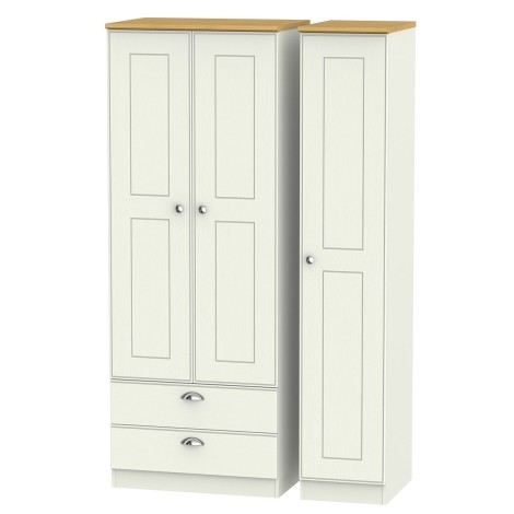 Victoria - Cream Ash with Riviera Oak Top 3 Door 2 Drawer Triple Tall Plain Wardrobe