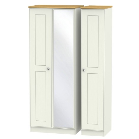 Victoria - Cream Ash with Riviera Oak Top 3 Door Triple Tall Mirror Wardrobe