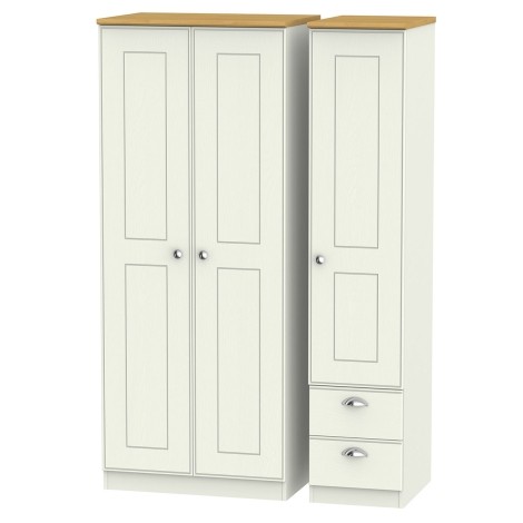 Victoria - Cream Ash with Riviera Oak Top 3 Door 2 Small Drawer Triple Wardrobe