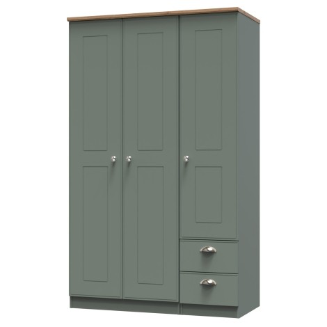 Victoria - Reed Green with Riviera Oak Top 3 Door 2 Small Drawer Triple Wardrobe