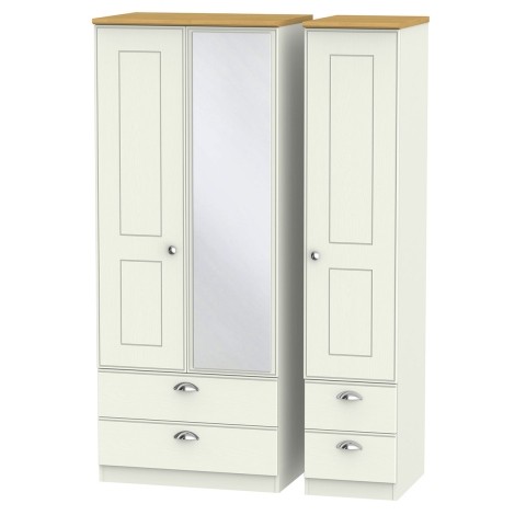 Victoria - Cream Ash with Riviera Oak Top 3 Door 4 Drawer Triple Mirror Wardrobe