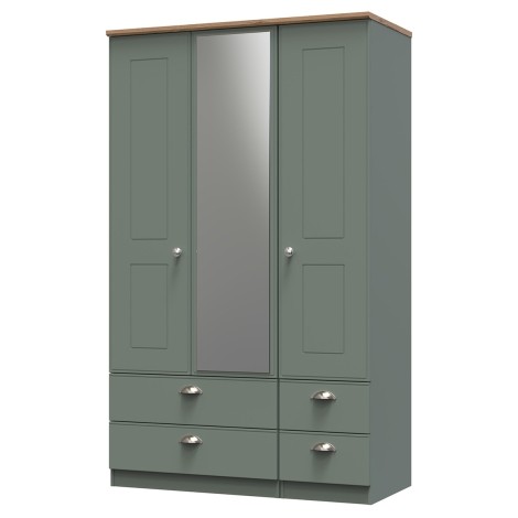 Victoria - Reed Green with Riviera Oak Top 3 Door 4 Drawer Triple Mirror Wardrobe