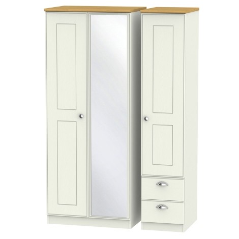 Victoria - Cream Ash with Riviera Oak Top 3 Door 2 Small Drawer Triple Mirror Wardrobe