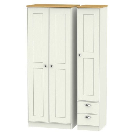 Victoria - Cream Ash with Riviera Oak Top 3 Door 2 Small Drawer Tall Triple Wardrobe