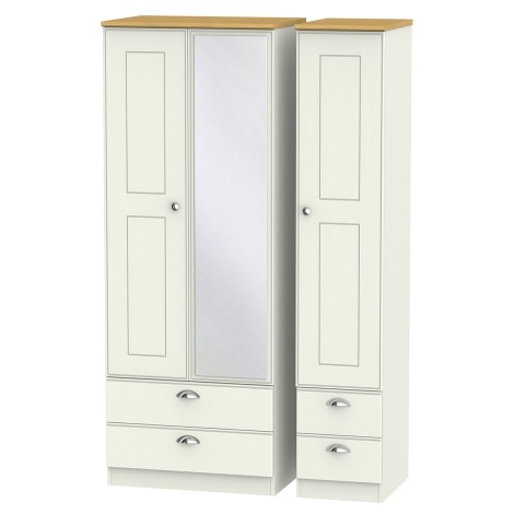 Victoria - Cream Ash with Riviera Oak Top 3 Door 4 Drawer Tall Triple Mirror Wardrobe