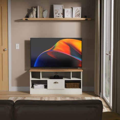 Victoria - Cream Ash with Riviera Oak Top Open TV Unit