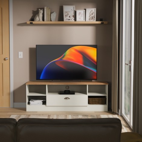 Victoria - Cream Ash with Riviera Oak Top Open Wide TV Unit