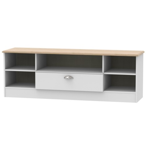 Victoria - Grey Matt with Riviera Oak Top Open Wide TV Unit