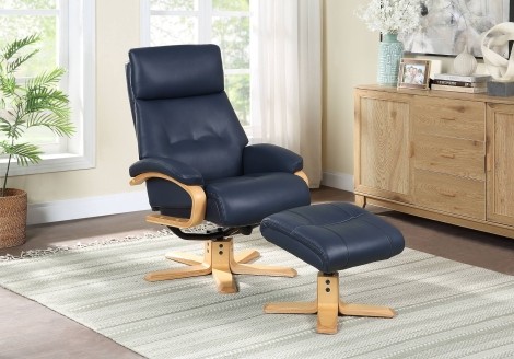 GFA -  Vienna - Navy Blue  - Leather - 360 Swivel Recliner and footstool