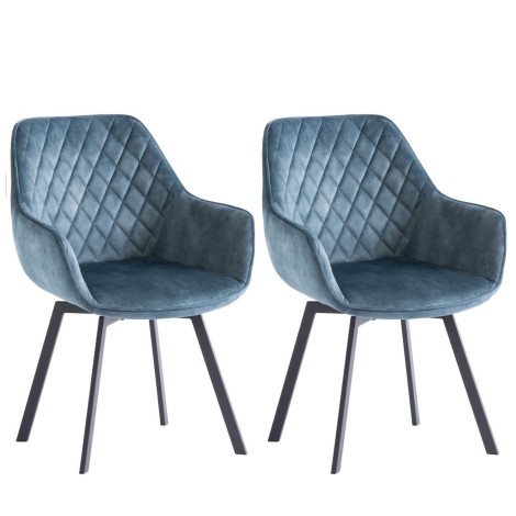 Viola - 2x 360 Swivel Dining Chairs in Teal Velvet - Diamond Stitch Pattern Design - Black Powder Coated Legs