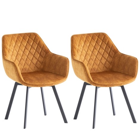 Viola - 2x 360 Swivel Dining Chairs in Antique Gold Velvet - Diamond Stitch Pattern Design - Black Powder Coated Legs