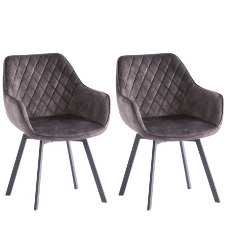 Viola - 2x 360 Swivel Dining Chairs in Graphite Velvet - Diamond Stitch Pattern Design - Black Powder Coated Legs