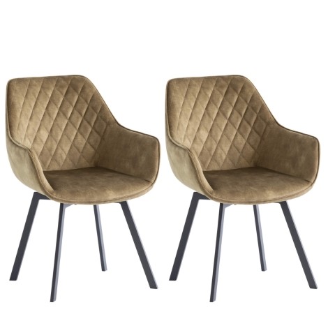 Viola - 2x 360 Swivel Dining Chairs in Green Velvet - Diamond Stitch Pattern Design - Black Powder Coated Legs