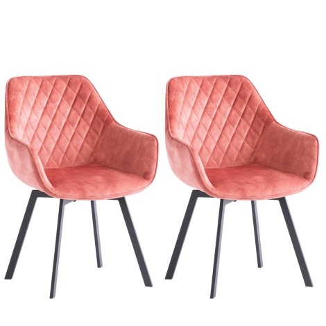 Viola - 2x 360 Swivel Dining Chairs in Pink Velvet - Diamond Stitch Pattern Design - Black Powder Coated Legs
