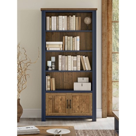 Splash Of Blue - Painted - Reclaimed - Large Open Bookcase - 2 Door & 4 Fixed Shelves