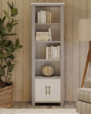 Greystone - Painted - Narrow Open Bookcase - Distressed White Top - 2 Door 4 Shelves