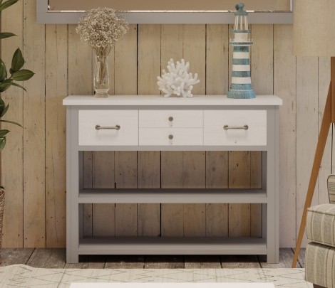 Greystone - Painted - Rectangular - Low Bookcase / Console Table - Distressed White Top - 4 Drawer 2 Shelves