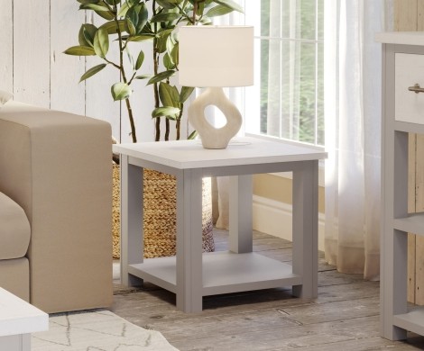 Greystone - Painted - Square - Lamp Table with Shelf - Distressed White Top