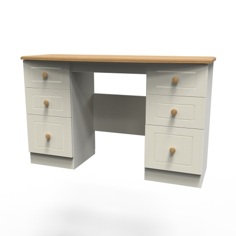 Warwick - Cream Ash with Modern Oak Top Kneehole Double Pedestal Dressing Table / Vanity Table / Desk