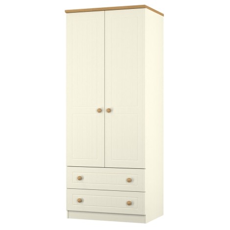 Warwick - Cream Ash with Modern Oak Top 2 Door 2 Drawer Double Plain Wardrobe