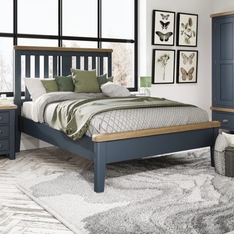 Ellie Blue Painted & Oak - 4'6" Double Low Foot End Bed with Slatted Headboard
