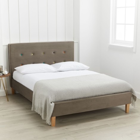 Camden -  Grey - Fabric - Multi-Coloured Buttons - Double Size Bed Frame