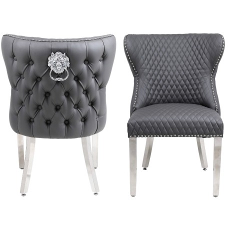 Pair Of -  Vicenza -  Lion head Knocker - Button Back - Grey PU - Dining Chairs With Chrome Legs 