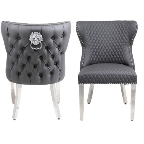 Valentino Grey PU, Silver Lion head Chair (Pair)