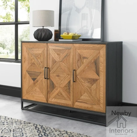 2003-10 - Indus Rustic Oak & Peppercorn Narrow Sideboard with Metal Base