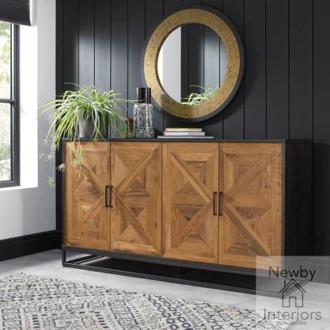 2003-15 - Indus Rustic Oak & Peppercorn Wide Sideboard with Metal Base