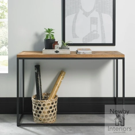 2003-18 - Indus Rustic Oak Narrow Console Table with Peppercorn Metal Frame
