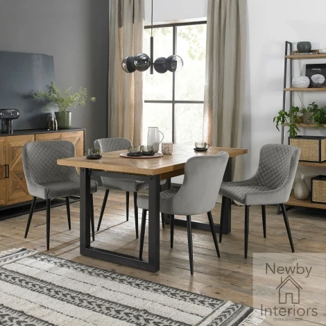 2003-2-01-VGY-4 - Indus Rustic Oak 4 to 6 Seater Dining Set with 4 Cezanne Grey Velvet Chairs