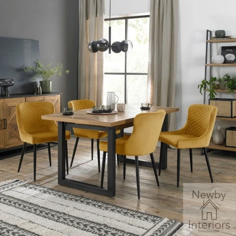 2003-2-01-VMU-4 - Indus Rustic Oak 4 to 6 Seater Dining Set with 4 Cezanne Mustard Velvet Chairs