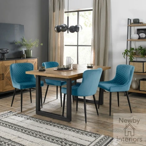 2003-2-01-VPB-4 - Indus Rustic Oak 4 to 6 Seater Dining Set with 4 Cezanne Petrol Blue Velvet Chairs