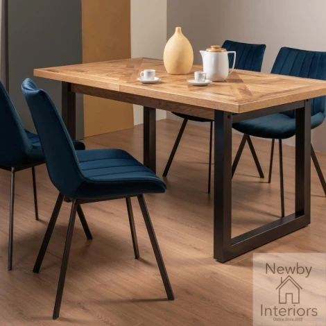 2003-2-30-VBL-4 - Indus Rustic Oak 4 to 6 Seater Extending Dining Set with 4 Fontana Blue Velvet Chairs