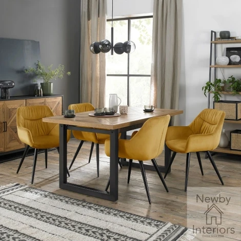 2003-2-40-VMU-4 - Indus Rustic Oak 4 to 6 Seater Extending Dining Set with 4 Dali Mustard Velvet Chairs