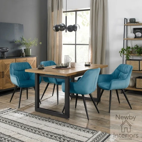 2003-2-40-VPB-4 - Indus Rustic Oak 4 to 6 Seater Extending Dining Set with 4 Dali Petrol Blue Velvet Chairs