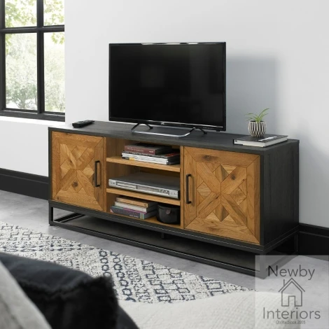 Indus Rustic Oak Media Unit with Peppercorn Metal Frame