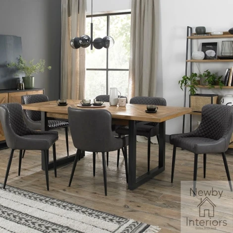 2003-4-01-FGY-6 - Indus Rustic Oak 6 to 8 Seater Extending Dining Set with 6 Dark Grey Faux Leather Chairs