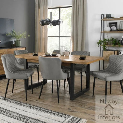 2003-4-01-VGY-6 - Indus Rustic Oak 6 to 8 Seater Extending Dining Set with 6 Cezanne Grey Velvet Chairs
