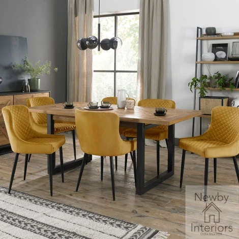 2003-4-01-VMU-6 - Indus Rustic Oak 6 to 8 Seater Extending Dining Set with 6 Cezanne Mustard Velvet Chairs