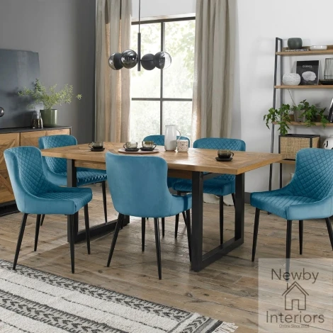 2003-4-01-VPB-6 - Indus Rustic Oak 6 to 8 Seater Extending Dining Set with 6 Cezanne Petrol Blue Velvet Chairs