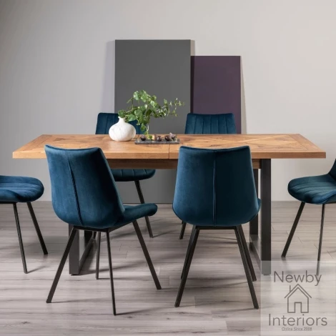 2003-4-30-VBL-6 - Indus Rustic Oak 6 to 8 Seater Extending Dining Set with 6 Fontana Blue Velvet Chairs